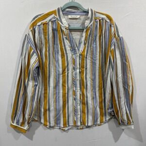 Doe and Rae Striped Button Down Blouse Mustard Yellow Blue Small Relaxed Boho